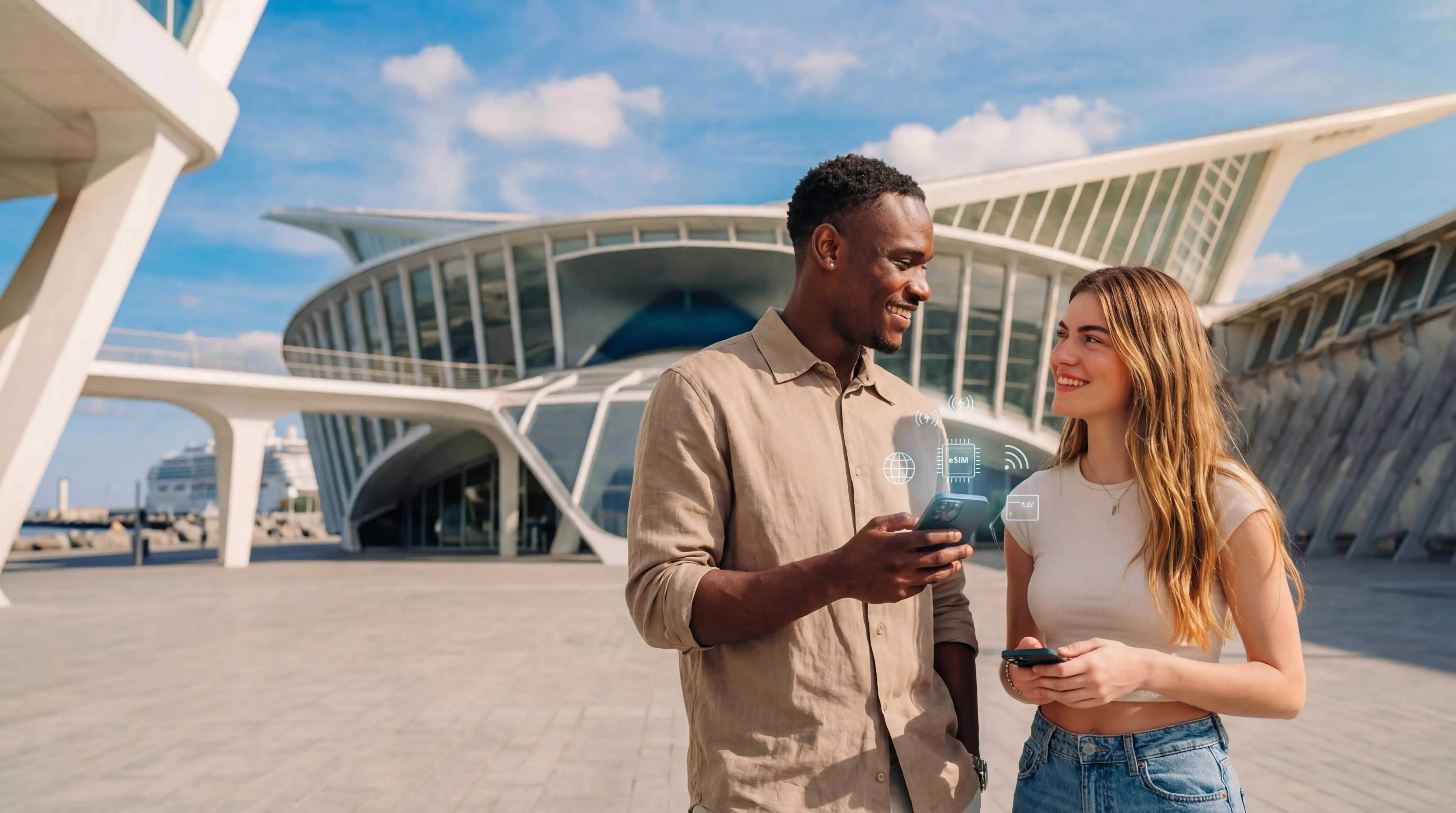 A traveler using a smartphone with eSIM card